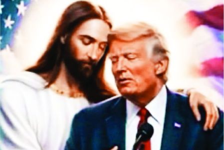 En la nueva publicación compartida, el mandatario estadunidense y Jesús aparecen iluminados, y otra vez resalta la bandera de Estados Unidos en el fondo.