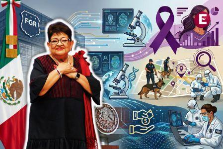 Ilustración conceptual de la reingeniería de la FGR que muestra tecnología forense, binomios caninos, investigadores y un lazo morado contra el feminicidio.