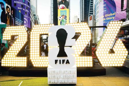 Un banner promocional del Mundial 2026 en Nueva York.