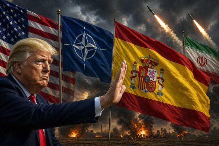Ilustración de Donald Trump poniendo un alto a la bandera de España por no apoyar con Irán.
