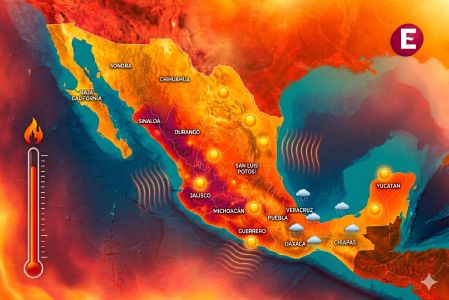 Mapa de México mostrando los estados afectados por la ola de calor y temperaturas de 45 grados según el pronóstico del SMN