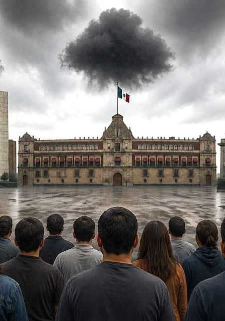 Ilustración de ciudadanos mexicanos que ven, entre nubarrones, a los poderes de la unión.