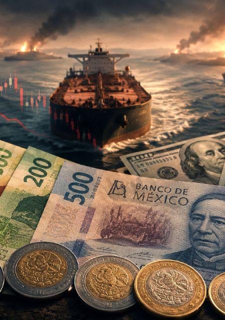 Billetes y monedas mexicanas frente a dólares, buques petroleros y gráfica financiera descendente por tensión en el estrecho de Ormuz.
