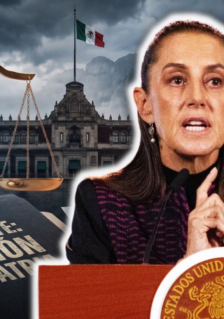 La presidenta Claudia Sheinbaum hablando en el podio presidencial, con una ilustración de fondo que muestra el Palacio Nacional, una balanza de la justicia desequilibrada y un expediente que lee "EXPEDIENTE: TRAICIÓN A LA PATRIA".