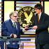 BEVERLY HILLS, CALIFORNIA - FEBRUARY 07: (L-R) Guillermo del Toro accepts a Directors Guild of America Feature Film Medallion for "Frankenstein" from Jacob Elordi onstage during the 78th Annual Directors Guild Of America Awards at The Beverly Hilton on February 07, 2026 in Beverly Hills, California.   Kevin Winter/Getty Images for DGA/AFP (Photo by KEVIN WINTER / GETTY IMAGES NORTH AMERICA / Getty Images via AFP)