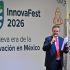 Marcelo Ebrard ofrece un discurso en la presentación de Innovafest 2026, frente a un escenario con el logotipo del evento y el lema “La nueva era de la innovación en México”, en un acto oficial de la Secretaría de Economía.