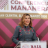 Marina del Pilar Avila Olmeda habla en conferencia en San Quintín, Baja California, durante presentación del plan de inversión pública estatal en marzo de 2026.