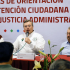 Funcionarios del TJACDMX durante jornada de justicia administrativa en Milpa Alta, con atención ciudadana y exposición ante asistentes.