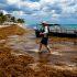 Playa de Quintana Roo cubierta por sargazo, con una embarcación en la orilla y un hombre caminando entre la macroalga.