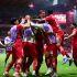 Jugadores del Toluca celebran con Everardo López el tanto que marcó para dejar la ruta clara rumbo a la final de la Copa de Campeones de Concacaf.