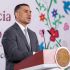Omar García Harfuch habla en el podio presidencial durante la mañanera, al presentar el informe nacional de seguridad en Ciudad de México.