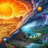 Ilustración conceptual dividida en diagonal representando el clima en México: el lado superior izquierdo muestra un sol ardiente y sequía, y el lado inferior derecho muestra una tormenta tropical con rayos y lluvia intensa.