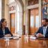 La presidenta Claudia Sheinbaum y el Secretario de Seguridad de EE.UU. Markwayne Mullin reunidos en Palacio Nacional.