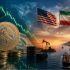 Billetes de pesos mexicanos y dólares y el puerto de Ormuz con la bandera de EU e Irán