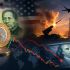 Peso mexicano y dólar frente a gráfica financiera descendente, con tensión militar entre Estados Unidos e Irán cerca del estrecho de Ormuz.