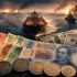 Billetes y monedas mexicanas frente a dólares, buques petroleros y gráfica financiera descendente por tensión en el estrecho de Ormuz.
