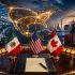 Ilustración editorial del T-MEC con banderas de México, Estados Unidos y Canadá, mapa de Norteamérica, rutas comerciales, industria automotriz, acero, transporte de carga y puerto marítimo.