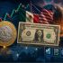 Moneda mexicana y billete de dólar frente a gráficos financieros, banderas de México y Estados Unidos, comercio marítimo y tensión geopolítica.