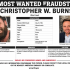 Cartel de búsqueda del FBI con fotografías de Christopher W. Burns e información sobre la investigación por presunto fraude financiero.