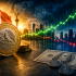 Moneda mexicana con la leyenda Estados Unidos Mexicanos frente a un dólar estadounidense, gráficas financieras al alza y skyline urbano que representan la apreciación del peso mexicano.