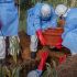 Autoridades sanitarias del Congo sepultan a una persona que falleció por ébola.