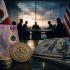 Billete actual de 50 pesos mexicanos, monedas y dólares frente a una reunión de negociación del T-MEC entre México y Estados Unidos.