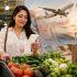Consumidora mexicana revisa su recibo frente a un carrito con frutas y verduras, mientras un avión y una playa representan el aumento en los costos vacacionales.