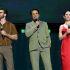 Chris Evans, Robert Downey Jr. y Hayley Atwell durante los anuncios de Marvel