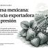 Infografía de apertura sobre la fresa mexicana, con un productor trabajando en un cultivo y fresas en primer plano; explica la presión comercial derivada de la investigación antidumping de EU.