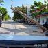 Árbol caído ocupa parte de una carretera en Vietnam, frente a viviendas y comercios, mientras motociclistas observan el lugar.
