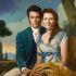 Retrato de Violet y Edmund Bridgerton con vestimenta de época azul, sentados juntos frente a un paisaje pintado.