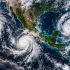 Imagen satelital ilustrativa de las tormentas Simón, Isaías y Rachel sobre México, el océano Pacífico y el Golfo de México.