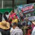 arias personas sentadas y reunidas en un plantón debajo de una lona que dice "Derechohabiente escucha esta también es tu lucha!!" junto al logotipo del IMSS.