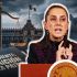 La presidenta Claudia Sheinbaum hablando en el podio presidencial, con una ilustración de fondo que muestra el Palacio Nacional, una balanza de la justicia desequilibrada y un expediente que lee "EXPEDIENTE: TRAICIÓN A LA PATRIA".