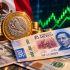 El peso mexicano se aprecia frente al dólar, con billete de 500 pesos, dólares estadounidenses y monedas mexicanas sobre un fondo de mercados financieros al alza.