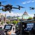 Drones de vigilancia del programa Fuerza Centinela y Centro de Inteligencia móvil frente a la Basílica de Guadalupe, en Gustavo A. Madero.