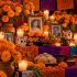 Ofrenda de Día de Muertos con retratos familiares, flores de cempasúchil, veladoras, calaveritas, fruta y pan de muerto.
