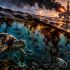 Derrame de petróleo en el Golfo de México: plataforma petrolera en llamas y fauna marina afectada por la contaminación del océano.
