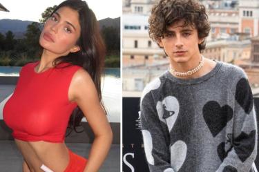 Kylie Jenner con vestido rojo y Timothée Chalamet con suéter gris