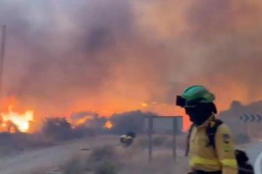 Bomberos y personal de emergencia combaten el fuego en Andalucía.