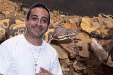 Luis Fernando Peña da de comer una rata a su serpiente.