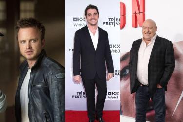 Collage de Aaron Paul con chamarra de cuero, RJ Mitte con traje negro y Dean Norris con saco oscuro en eventos públicos.