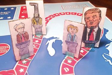 Steve Polczwartek y Blake Amacker elaboraron el juego de mesa “Troncos y asnos”, en el que aparecen los republicanos Ted Cruz, Marco Rubio y Donald Trump, así como los demócratas Hillary Clinton y Bernie Sanders. Foto: AP