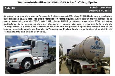 El carro tanque robado tiene impresa la leyenda “Autoquímicos”, es de la marca Retesa, de 3 ejes, modelo 2010 y placas de circulación 720UM2. Foto: Especial