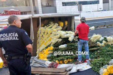 Vuelca camioneta y 'riega' flores en la México-Toluca