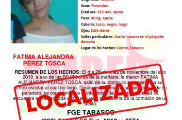 Localizan con vida a niña de 12 años desaparecida en Tabasco