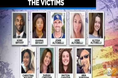 Las nueve personas que viajaban a bordo del helicóptero Sikorsky de Kobe Bryant. Foto: Captura de pantalla CBS Los Ángeles