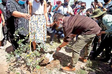 El aspirante Gabriel Boric terminó sus actividades plantando un árbol en Santiago. Foto: AFP
