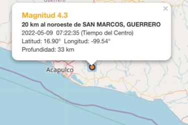 El Servicio Sismológico Nacional (SSN) registró esta mañana un sismo de magnitud 4.3 en el estado de Guerrero