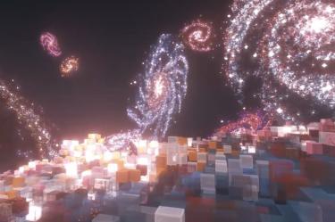 Galaxias de color morado y rosa en cubos de Minecraft